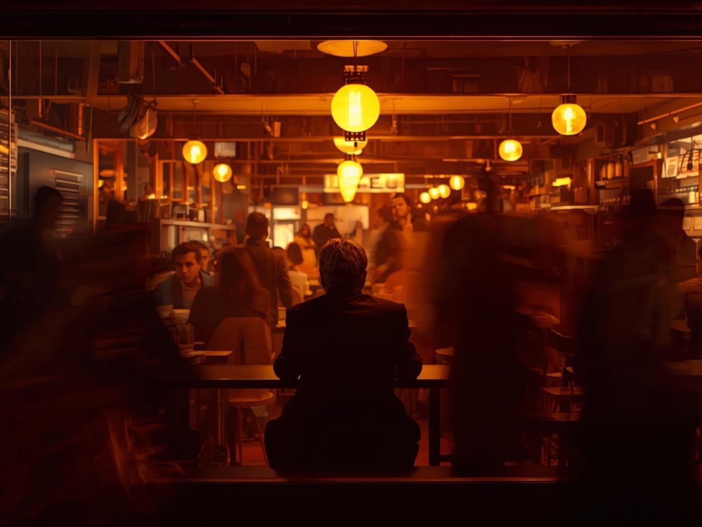 A man sitting alone at a busy café, surrounded by blurred people in warm light. The person is sharply focused, looking isolated despite the crowd. Emotional, modern photography style, warm colors with contrast sha