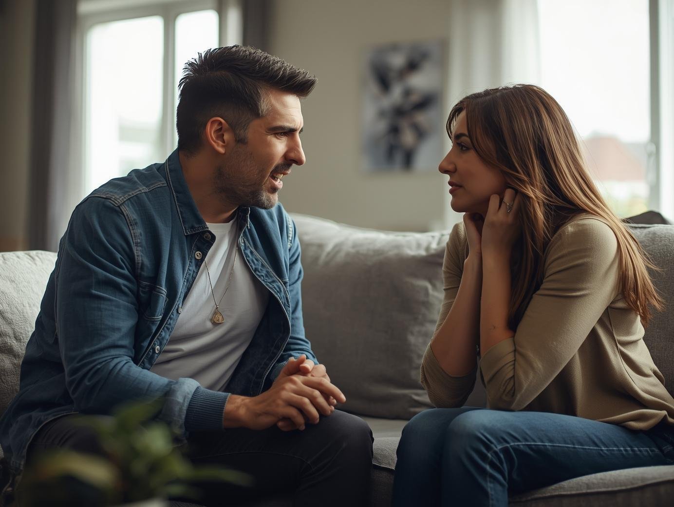 maried couple argueing in the living room, realistical photo like